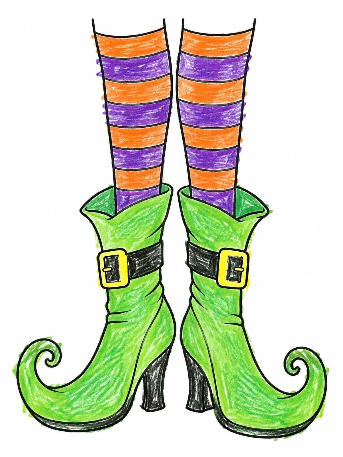 Colored example of the Curled Witch Boots With Striped Stockings coloring page
