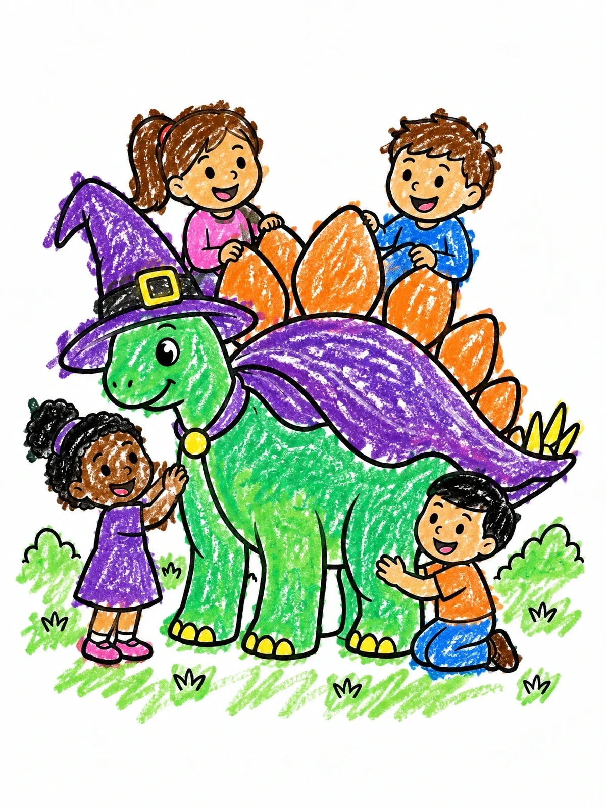 Colored example of the Halloween Witch Dinosaur And Happy Children coloring page