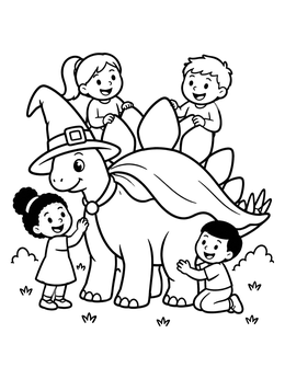 Free printable Halloween Witch Dinosaur And Happy Children coloring page