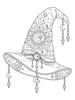 An intricate halloween witch hat coloring page adorned with celestial sun, moon patterns, and hanging crystals.