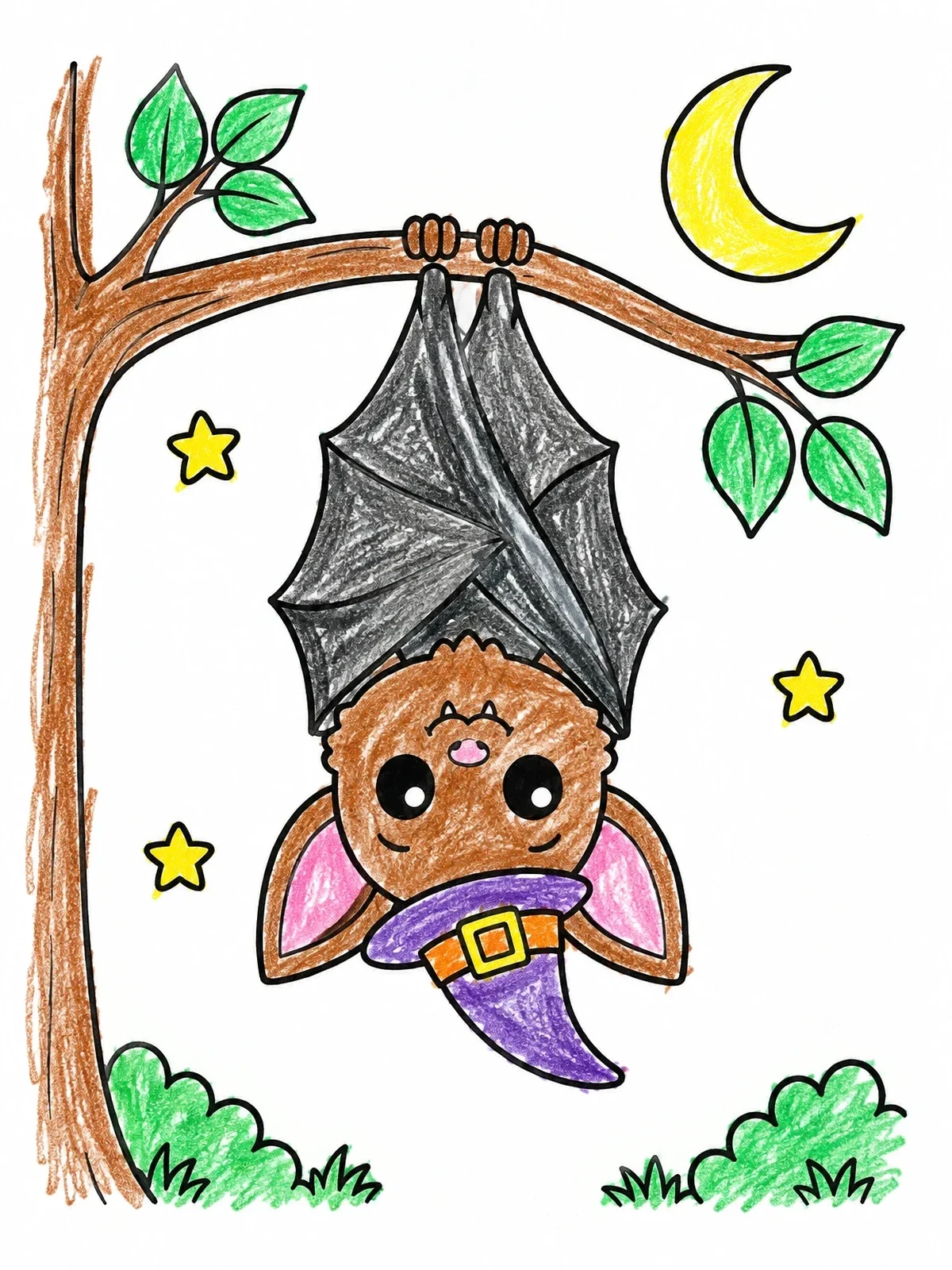 Colored example of the Cute Bat Wearing A Witch Hat coloring page