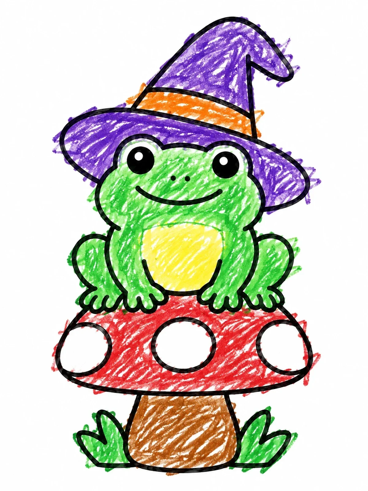 Colored example of the Cute Frog Wearing Witch Hat coloring page