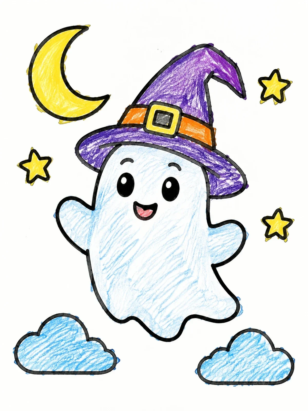Colored example of the Cute Ghost In Witch Hat coloring page