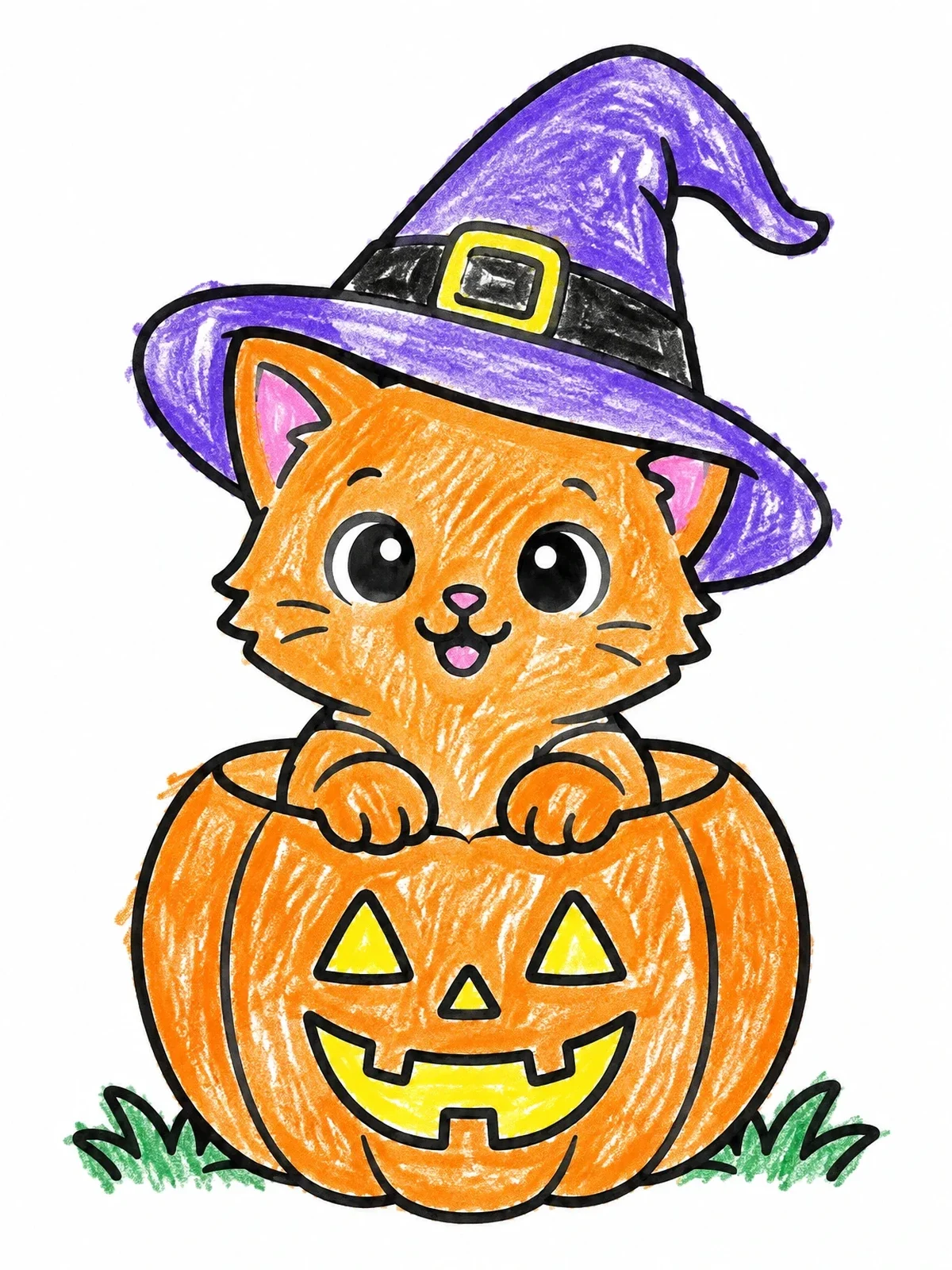Colored example of the Cute Kitten In Halloween Pumpkin coloring page