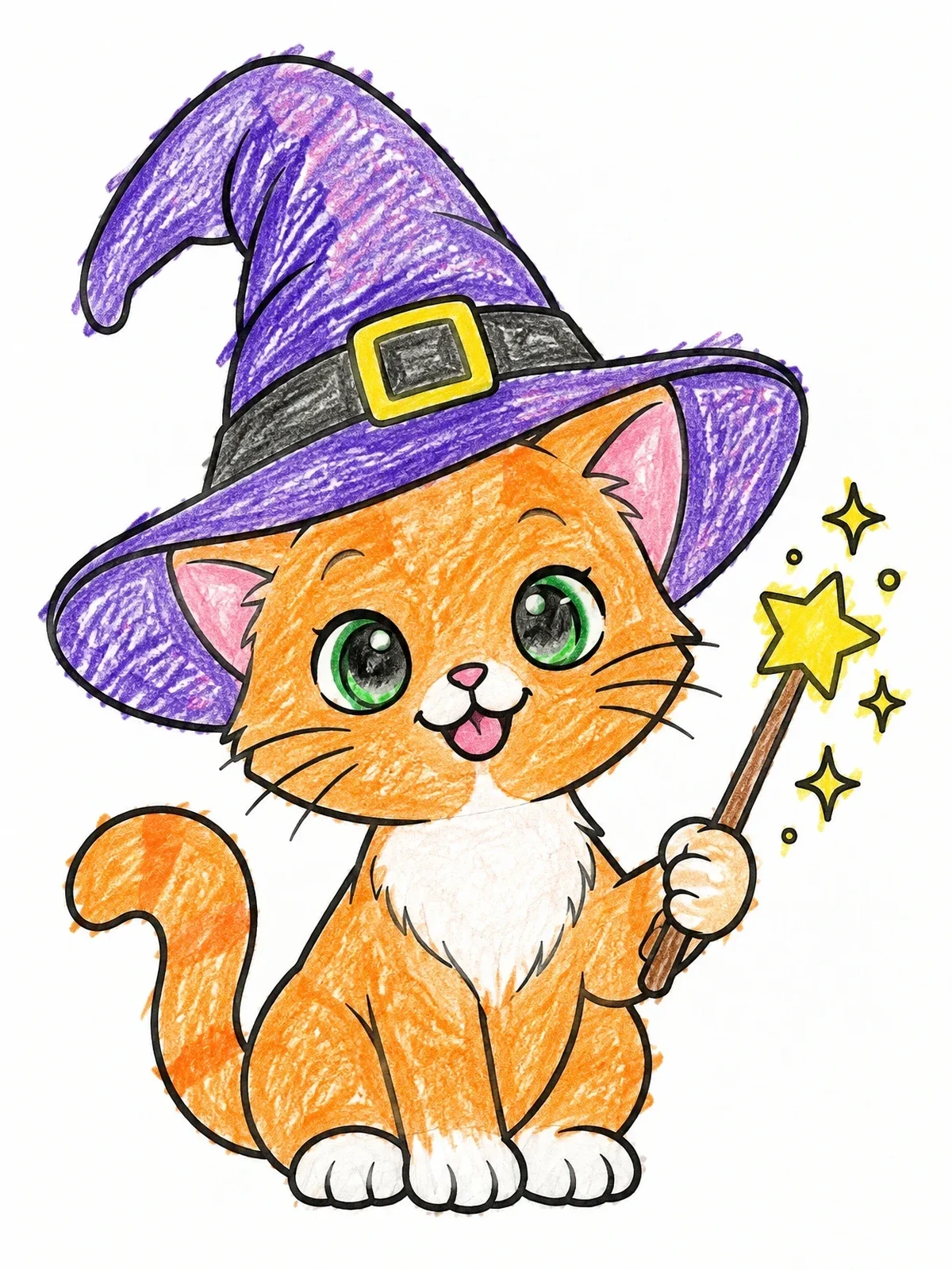 Colored example of the Cute Kitten In Witch Hat coloring page