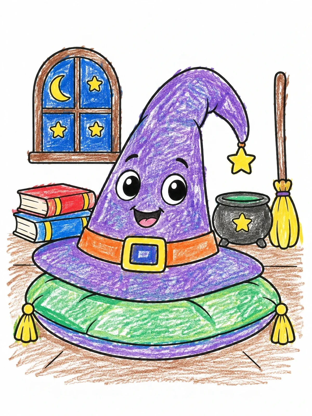 Colored example of the Cute Smiling Witch Hat On Pillow coloring page