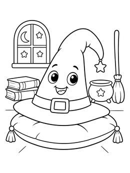 Free printable Cute Smiling Witch Hat On Pillow coloring page