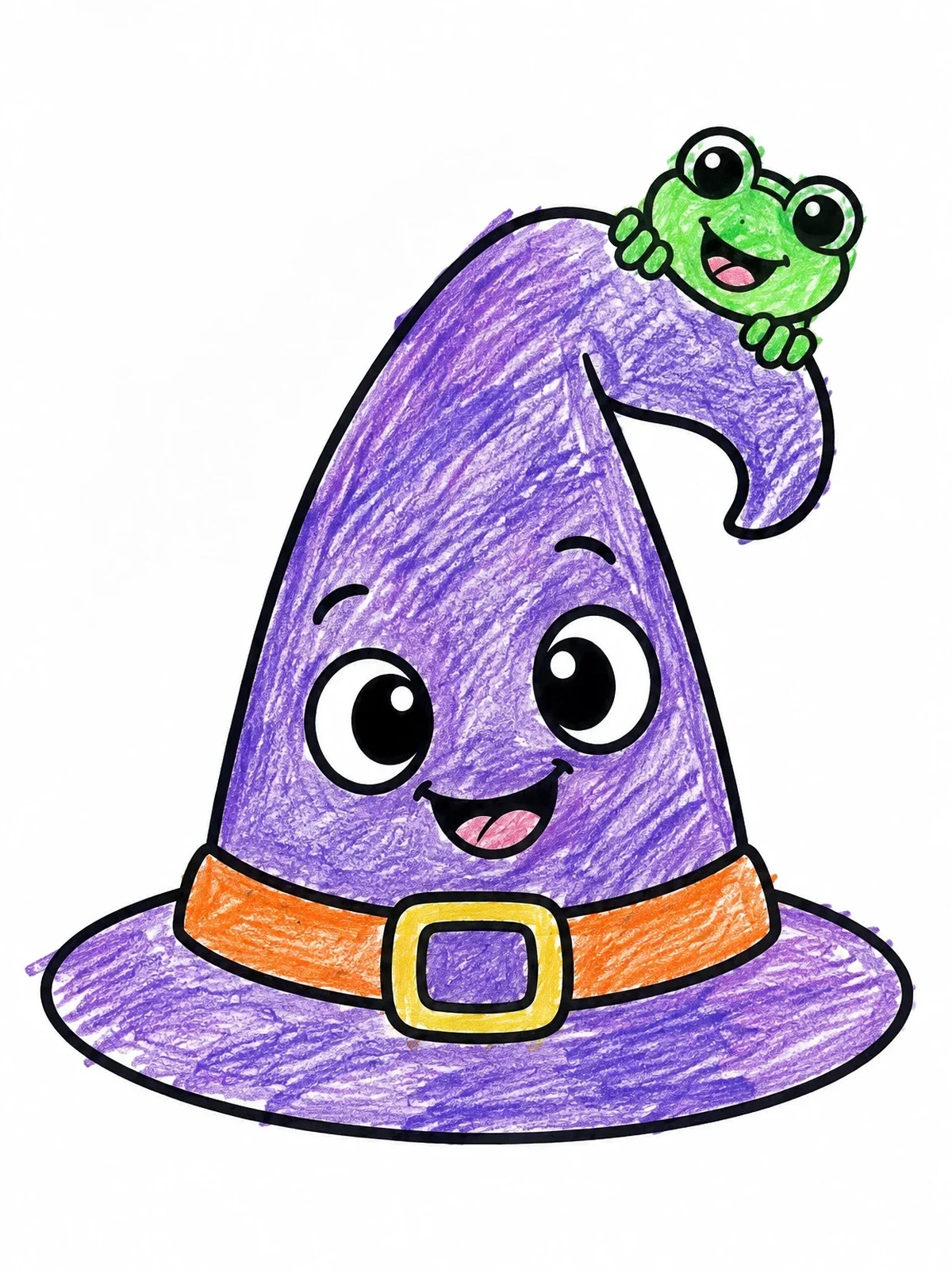 Colored example of the Cute Witch Hat With Friendly Frog coloring page