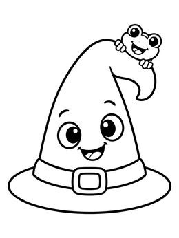 Free printable Cute Witch Hat With Friendly Frog coloring page