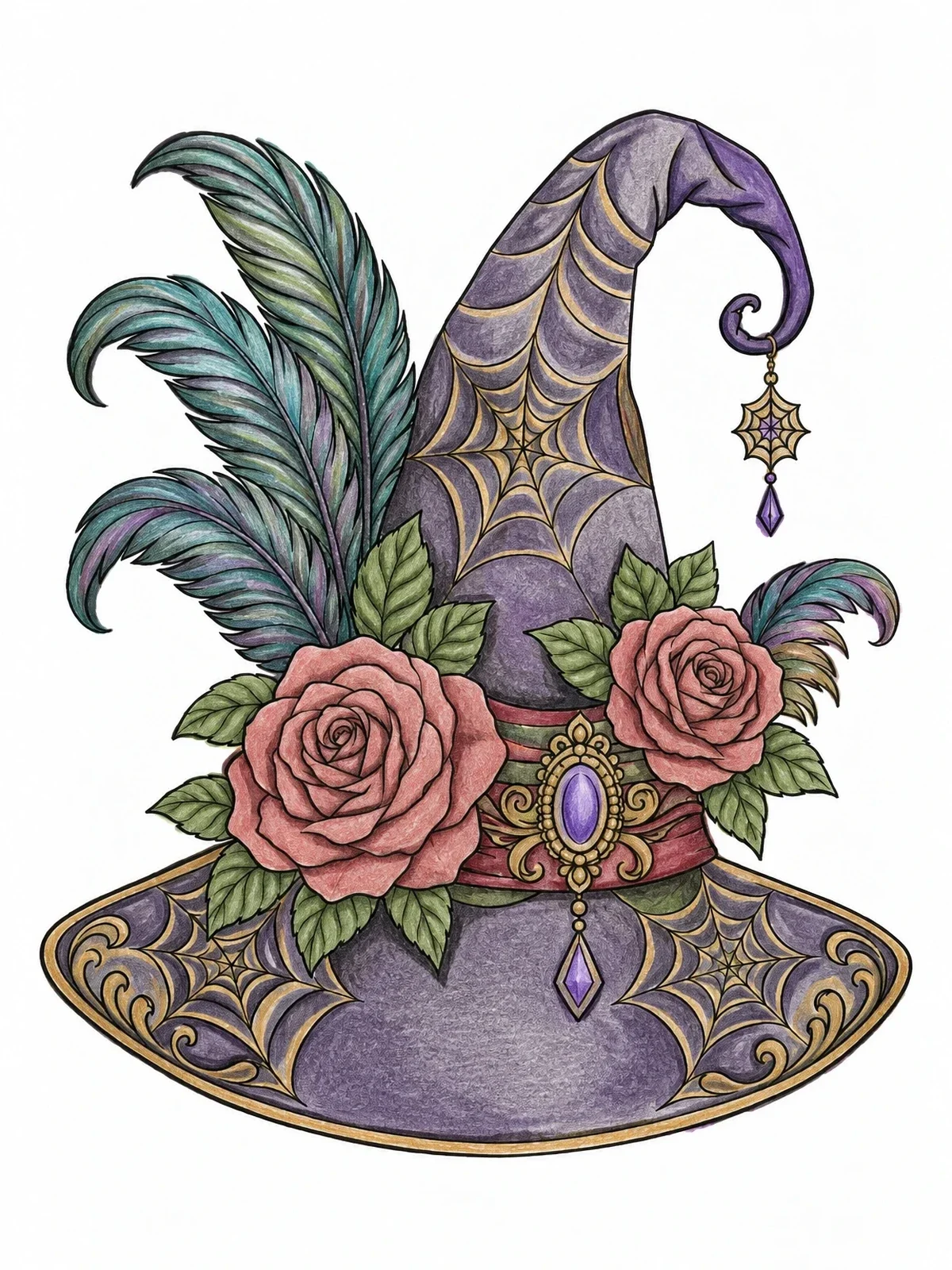 Colored example of the Gothic Witch Hat With Roses coloring page