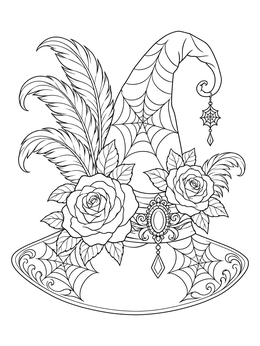 An ornate halloween witch hat coloring page adorned with spiderwebs, roses, and plumes.