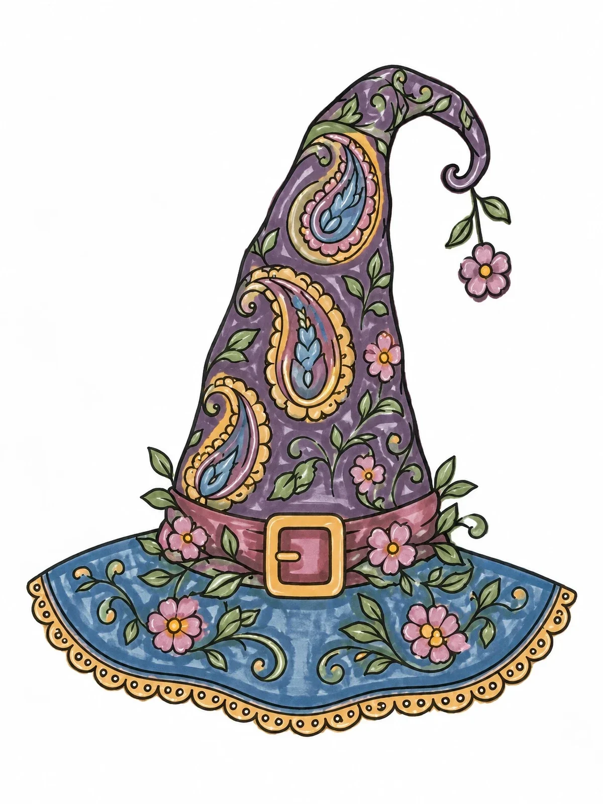Colored example of the Intricate Paisley And Floral Witch Hat coloring page