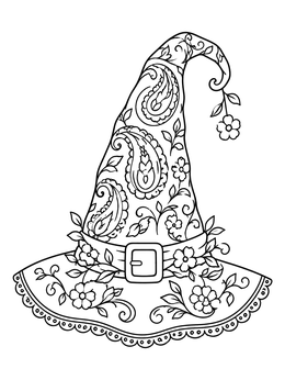 A detailed halloween witch hat coloring page decorated with paisley patterns, delicate flowers, and lace.