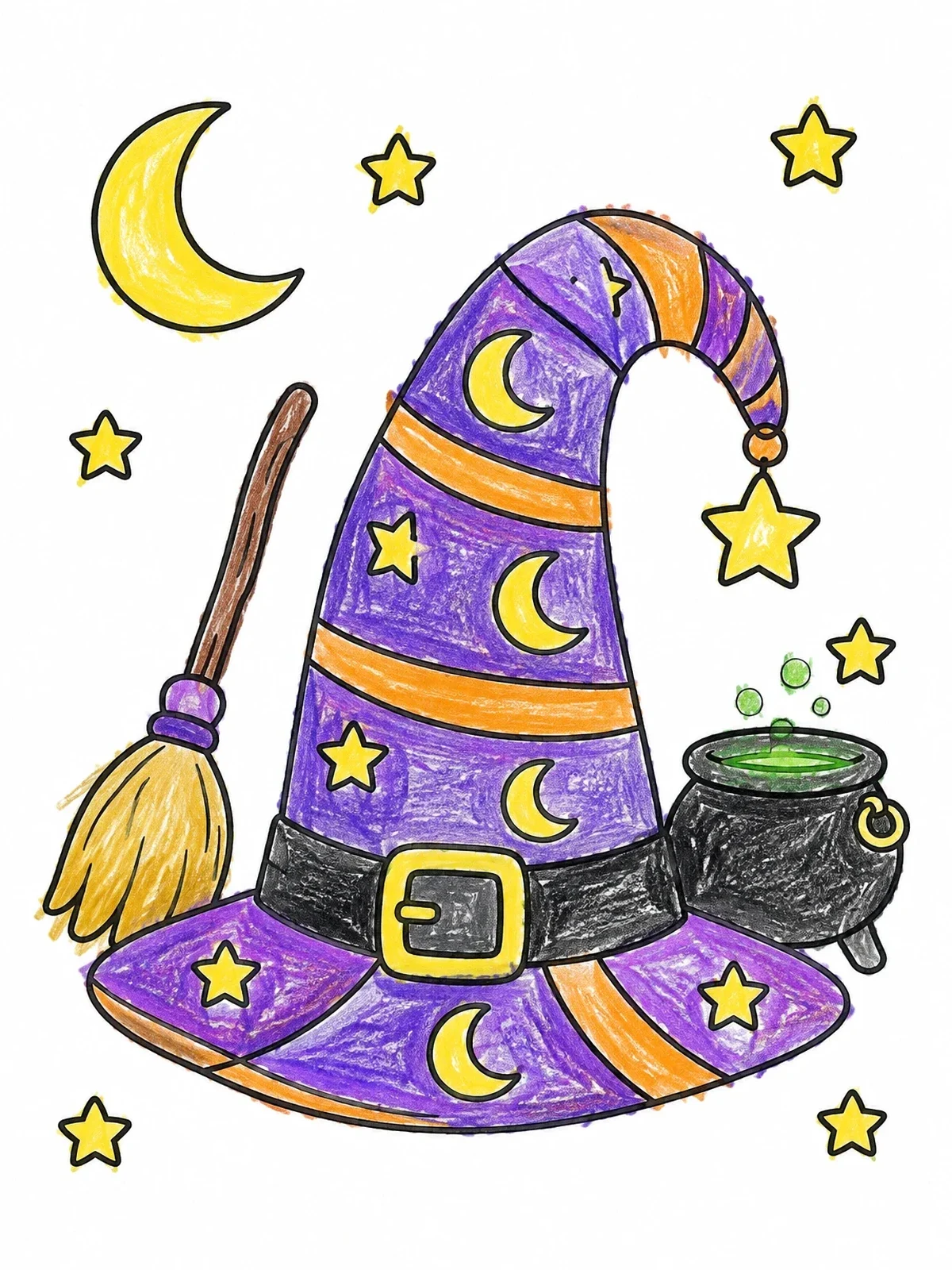 Colored example of the Whimsical Witch Hat With Broom And Cauldron coloring page