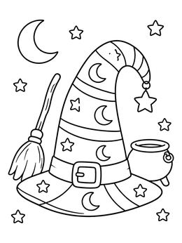 Free printable Whimsical Witch Hat With Broom And Cauldron coloring page