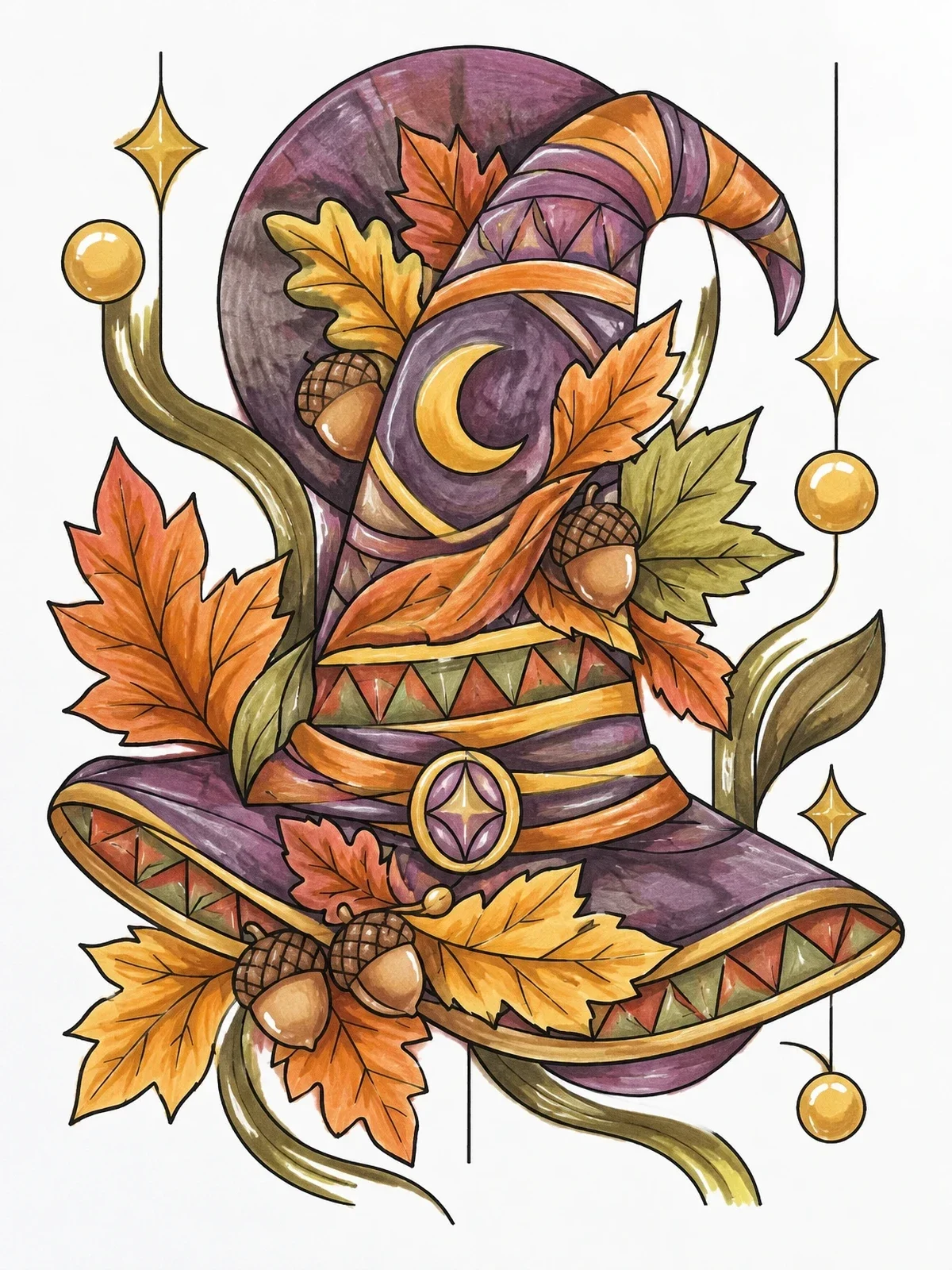 Colored example of the Witch Hat With Autumn Leaves And Acorns coloring page