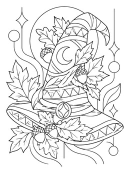Intricate halloween witch hat coloring page decorated with fall foliage and acorns.