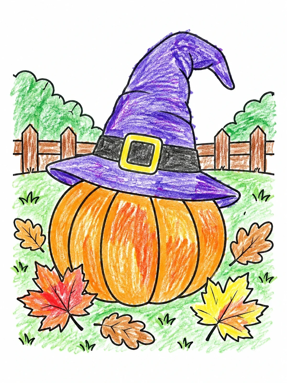 Colored example of the Witch Hat On Autumn Pumpkin coloring page