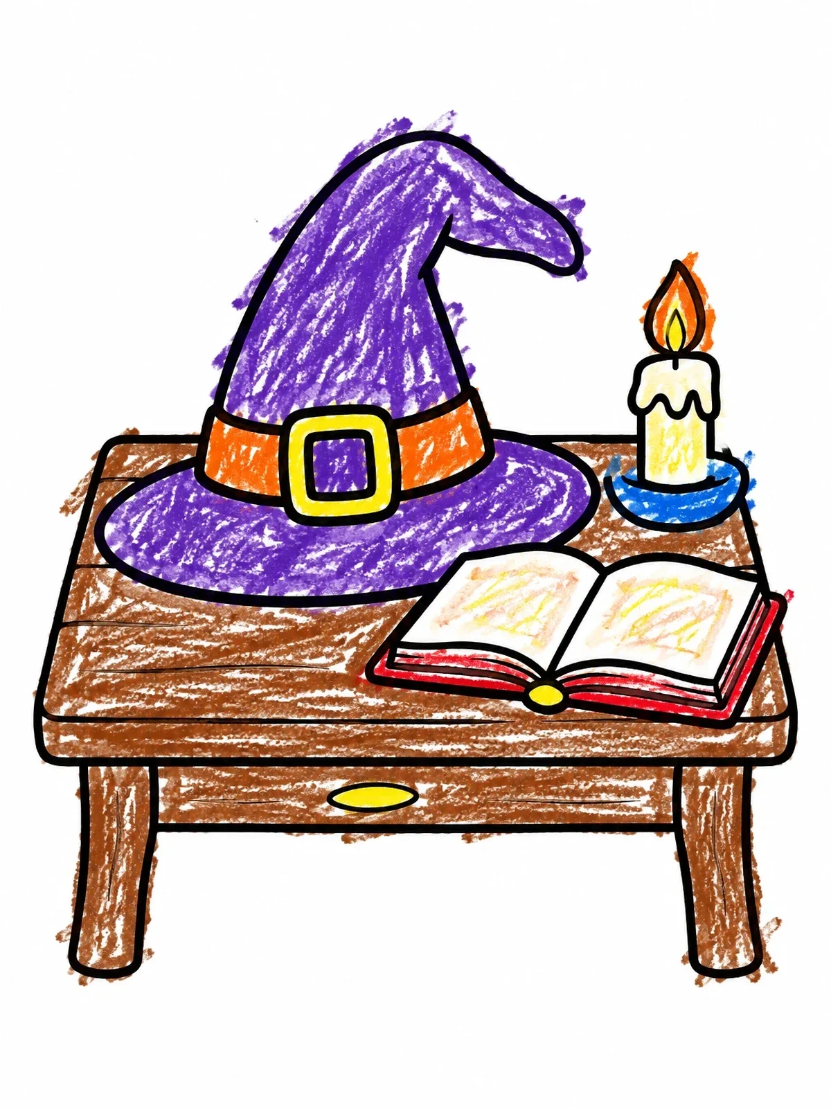 Colored example of the Witch Hat On Wooden Table coloring page