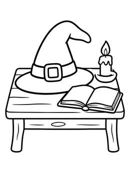 Free printable Witch Hat On Wooden Table coloring page
