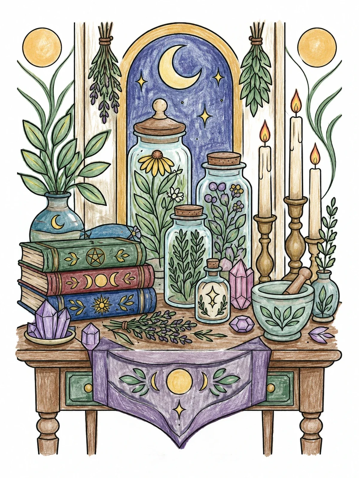 Colored example of the Apothecary Table With Spellbooks And Crystals coloring page