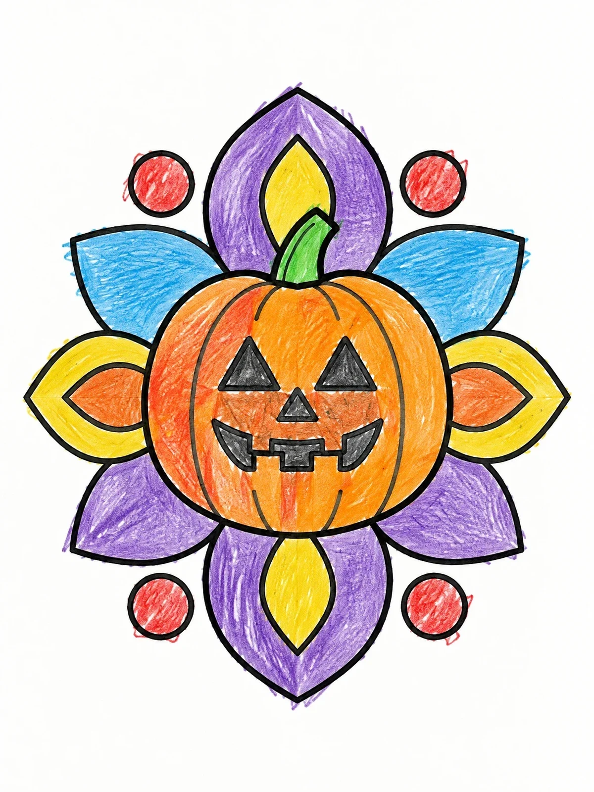 Colored example of the Carved Pumpkin Mandala Motif coloring page
