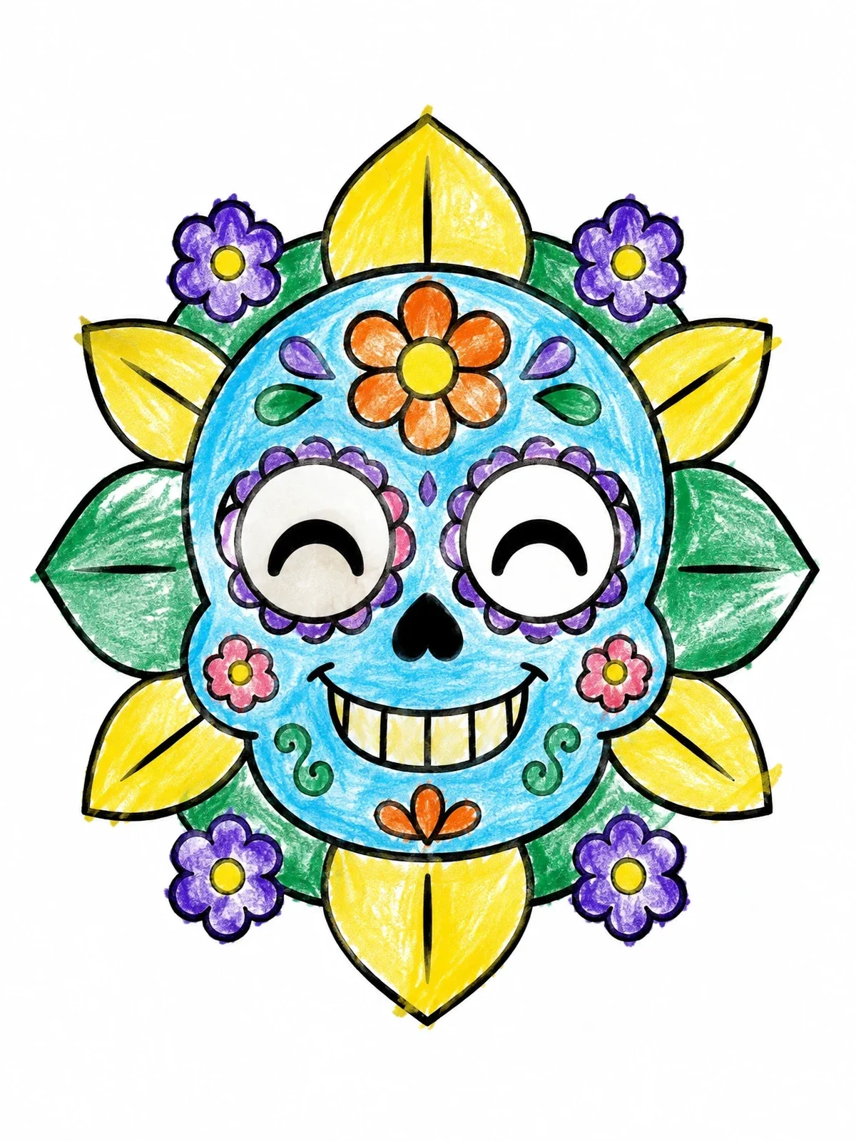 Colored example of the Cute Smiling Sugar Skull coloring page