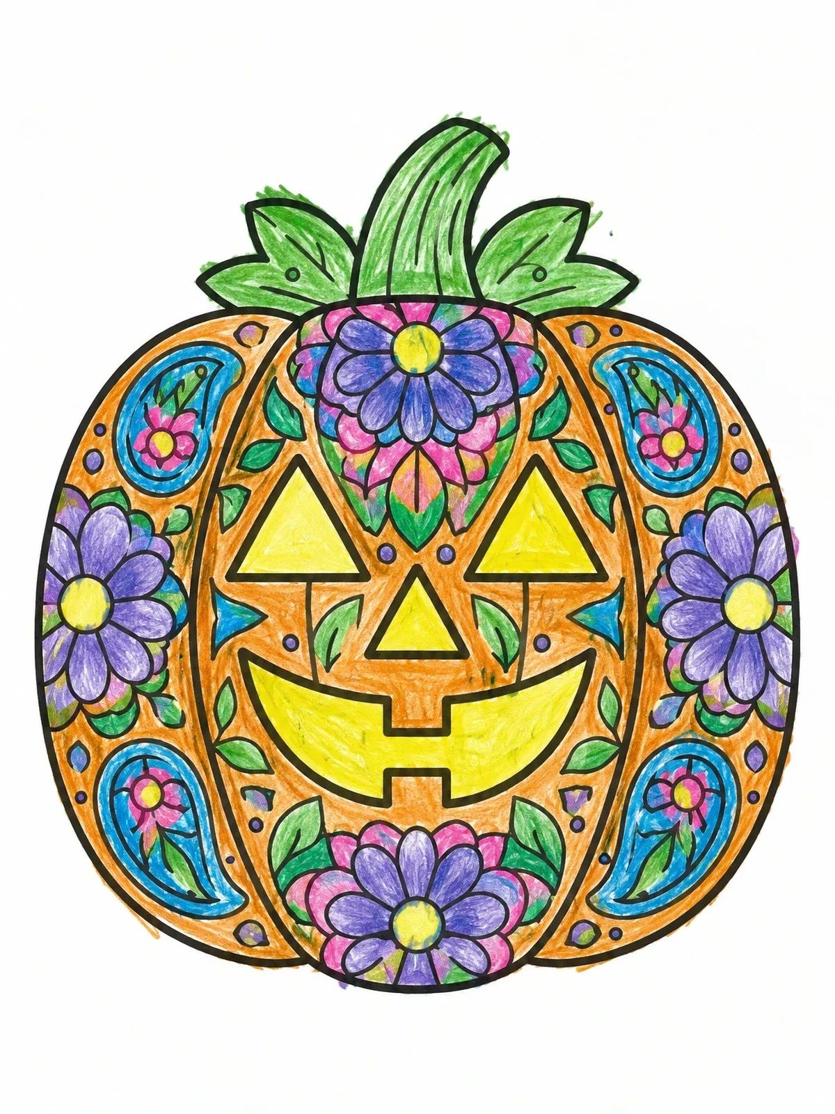 Colored example of the Floral Pattern Jack O' Lantern coloring page