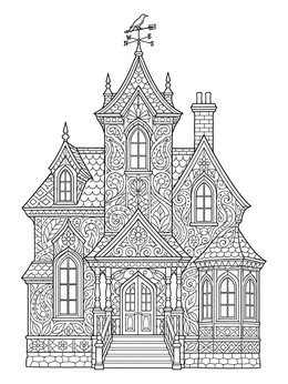 A detailed gothic house in this halloween zentangle coloring page with a crow weather vane.