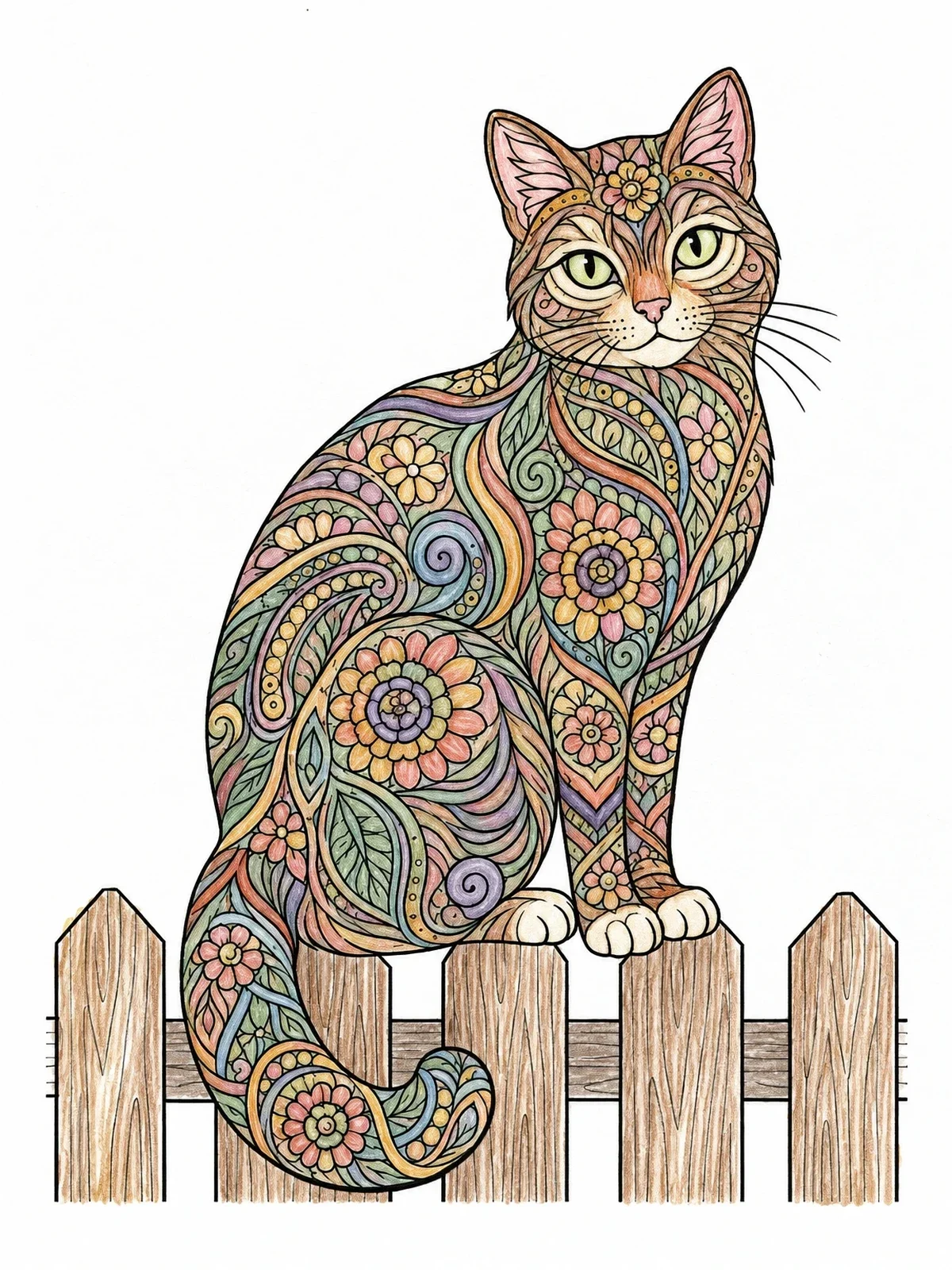 Colored example of the Intricate Mandala Cat On Fence coloring page