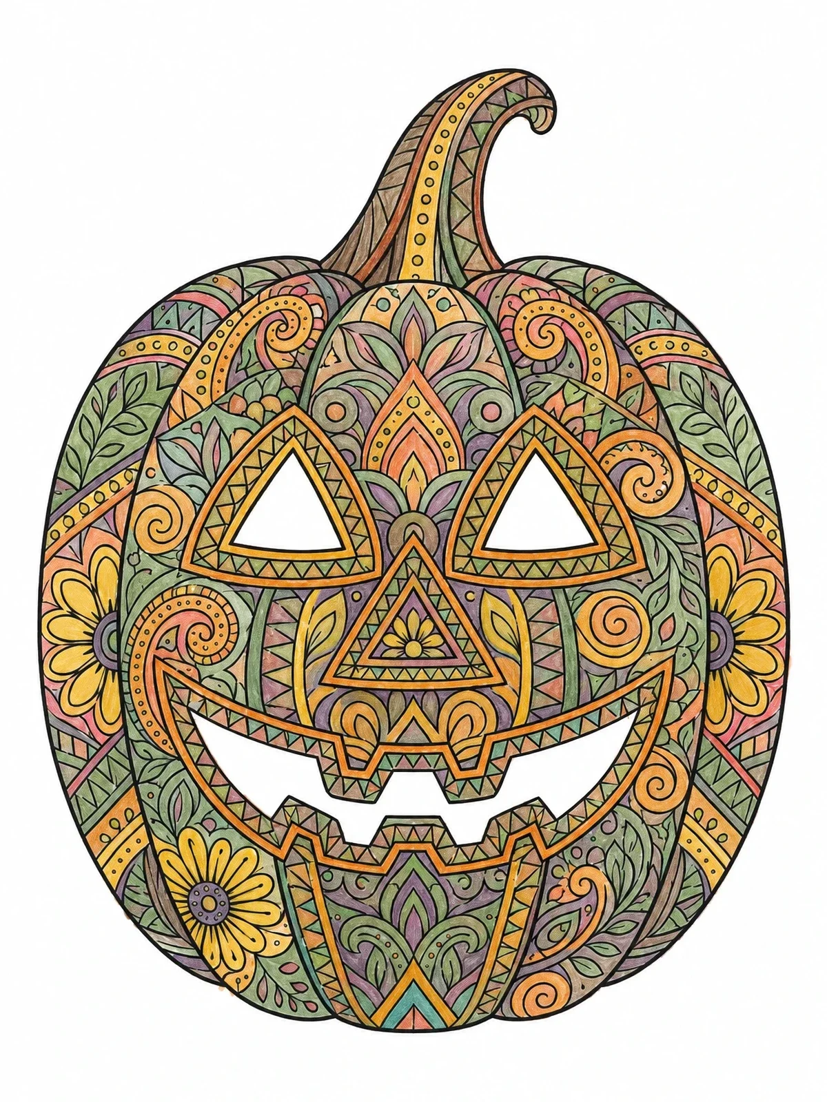Colored example of the Intricate Mandala Jack O' Lantern coloring page