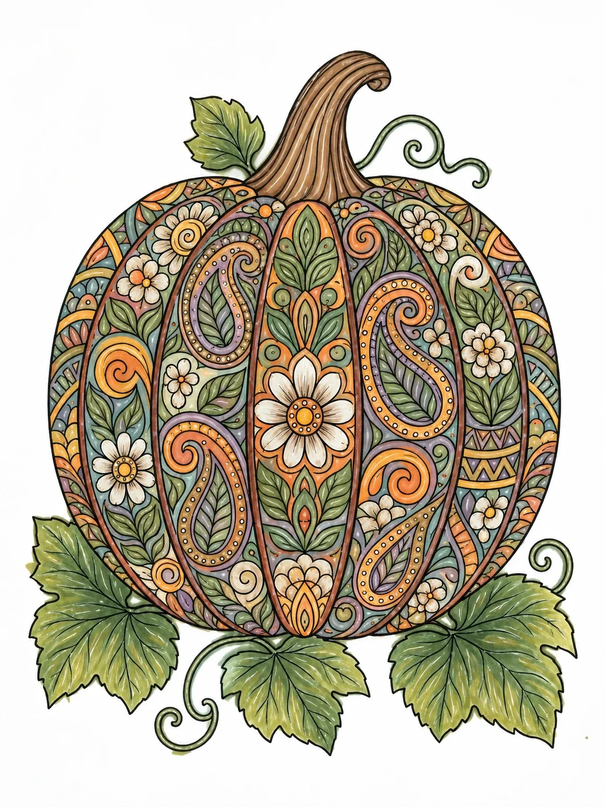 Colored example of the Intricate Paisley And Floral Pumpkin coloring page