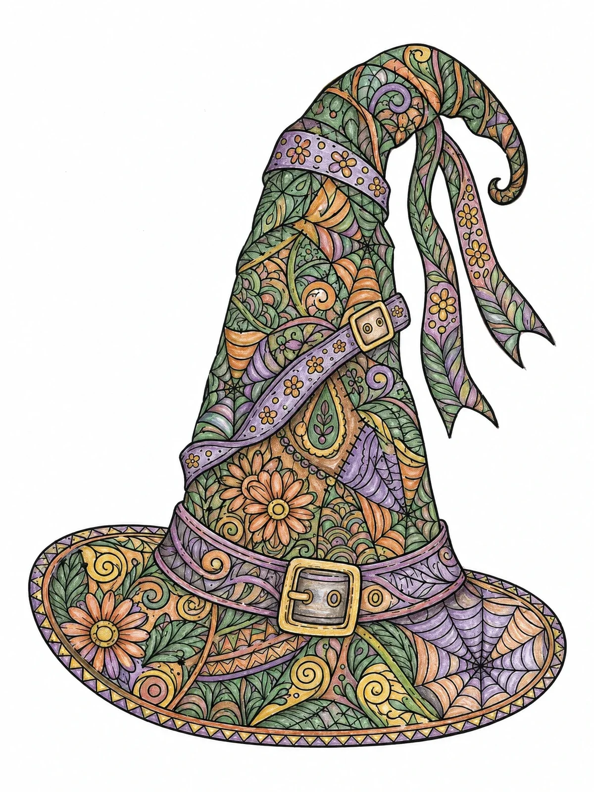 Colored example of the Intricate Witch Hat Zentangle coloring page