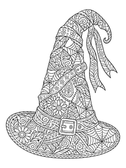 An ornate witch hat in this halloween zentangle coloring page with webs and floral patterns.
