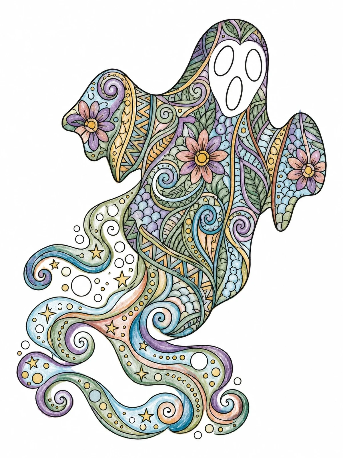 Colored example of the Intricate Zentangle Floating Ghost coloring page