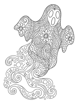 A detailed halloween zentangle coloring page featuring a floating ghost filled with floral patterns.