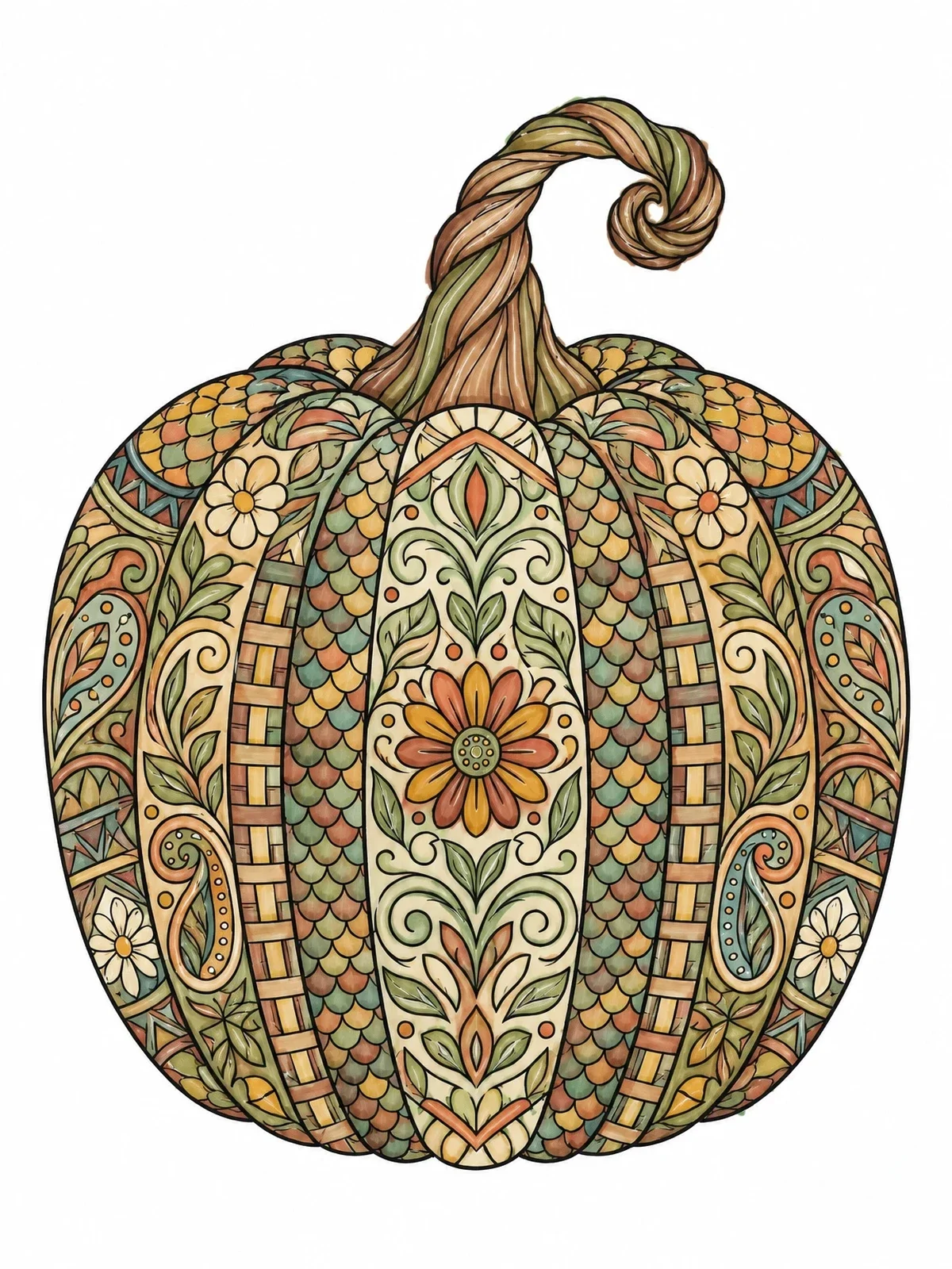 Colored example of the Intricate Zentangle Heirloom Pumpkin coloring page