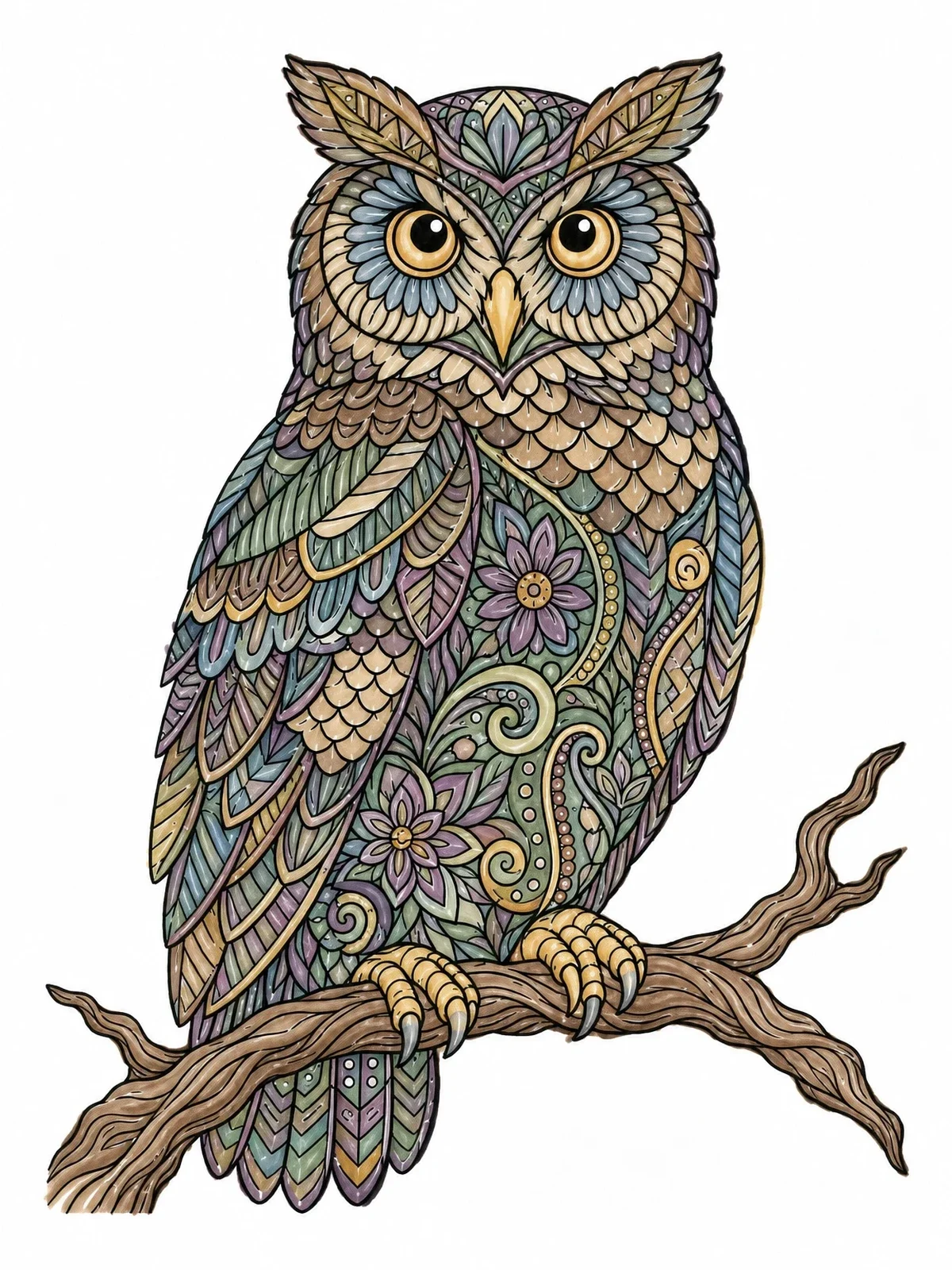 Colored example of the Intricate Zentangle Owl On Branch coloring page