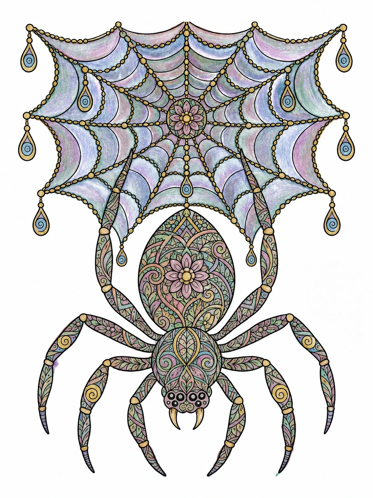Colored example of the Intricate Mandala Spider On Beaded Web coloring page