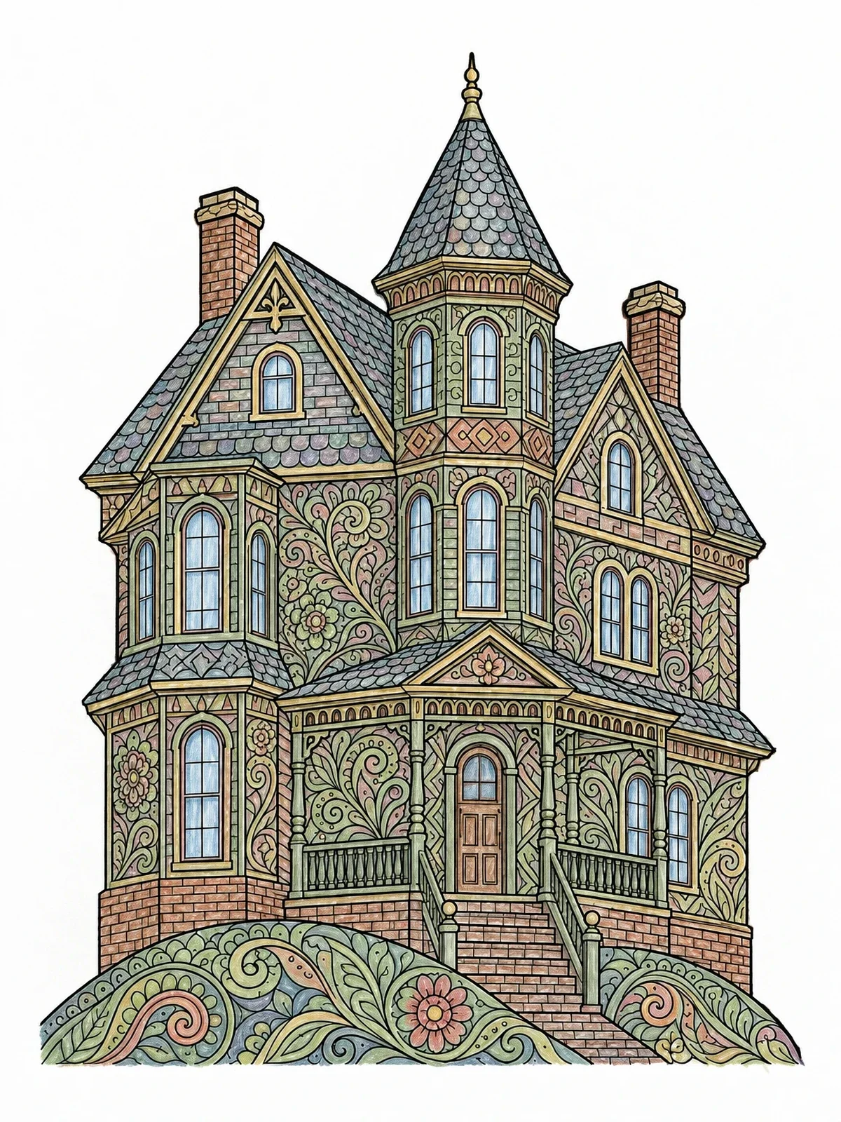 Colored example of the Victorian Haunted Mansion Zentangle coloring page
