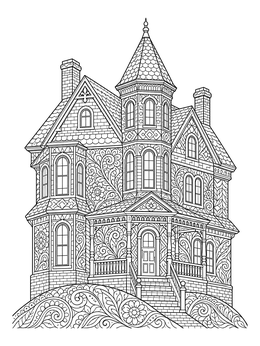 An intricate Victorian mansion decorates this halloween zentangle coloring page.