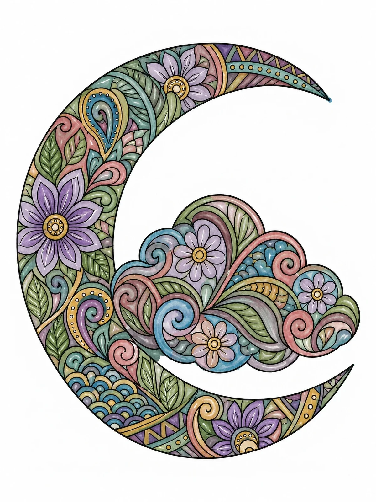 Colored example of the Zentangle Crescent Moon With Cloud coloring page
