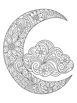 Intricate crescent moon and cloud on this halloween zentangle coloring page.
