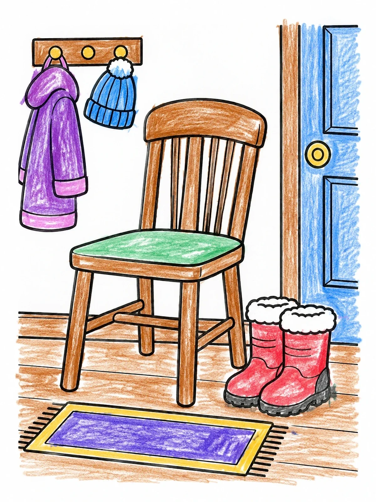 Colored example of the Hallway Chair With Winter Boots coloring page