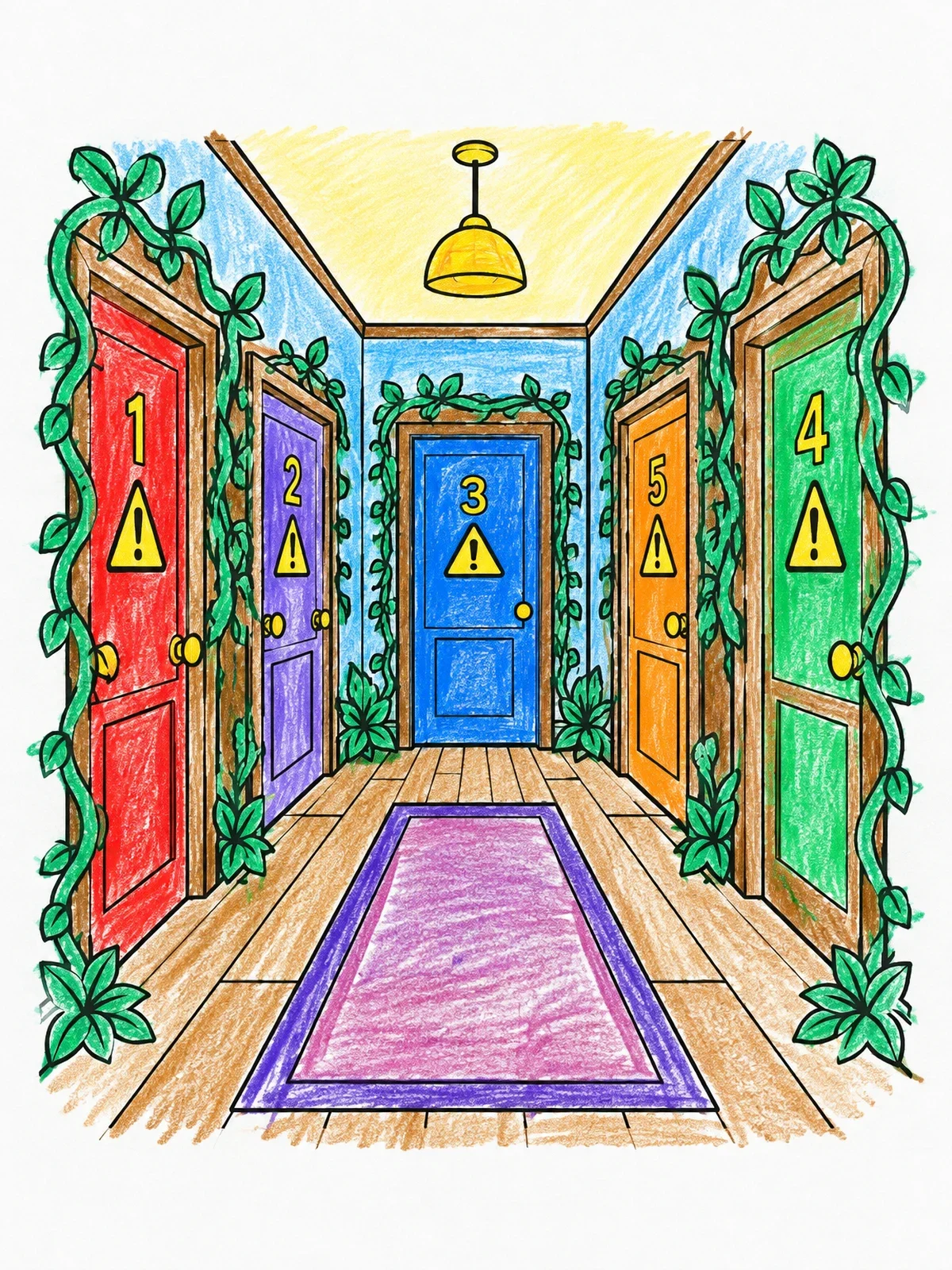 Colored example of the Hallway Of Numbered Mystery Doors coloring page