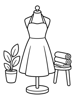 A simple dress coloring page featuring a blank halter dress displayed on a mannequin beside folded fabric.
