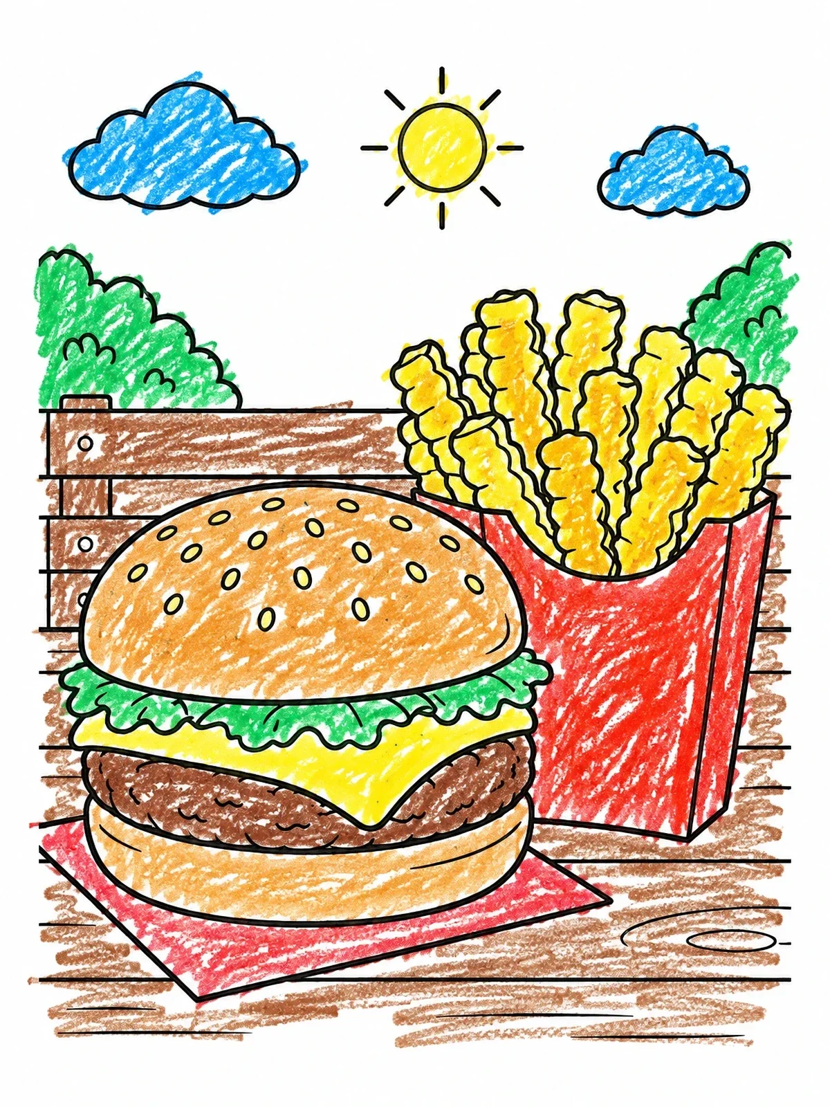 Colored example of the Cheeseburger And French Fries Outdoors coloring page