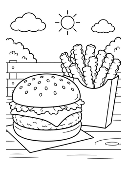Free printable Cheeseburger And French Fries Outdoors coloring page