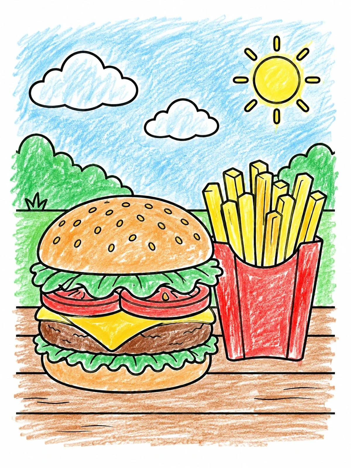Colored example of the Cheeseburger And Crispy French Fries coloring page