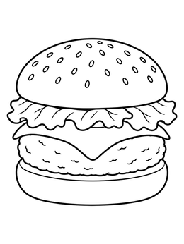Tasty hamburger coloring page featuring layered lettuce, melted cheese, patty, and sesame bun.